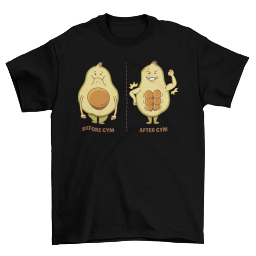 Avocado cartoon voor en na het sporten fitness gym t-shirt