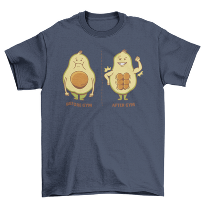 Avocado cartoon voor en na het sporten fitness gym t-shirt