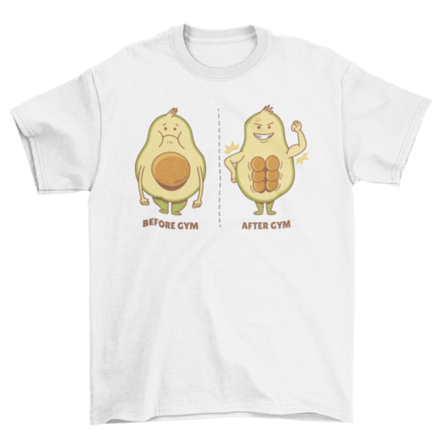 Avocado cartoon voor en na het sporten fitness gym t-shirt
