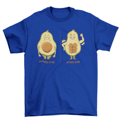 Avocado cartoon voor en na het sporten fitness gym t-shirt