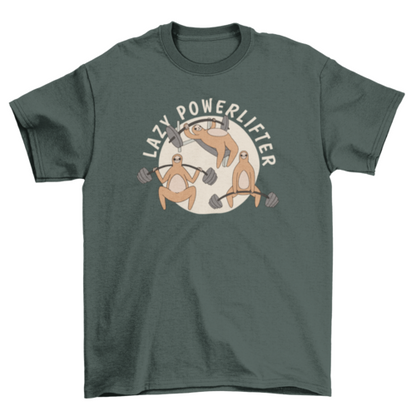 Luiaard powerlifter in cartoonstijl met gewichtheffen T-shirt.